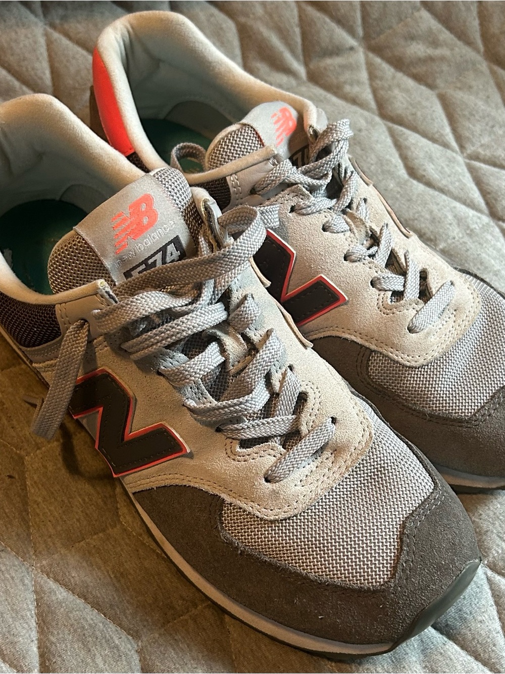 New Balance Gray Suede & Mesh Sneakers with Coral Logo Accents